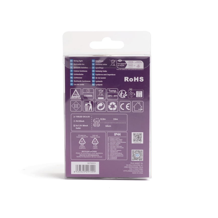 Aigostar - LED-ulkojouluketju 150xLED/8 toiminnot/3xAA 15,3m IP44 monivärinen