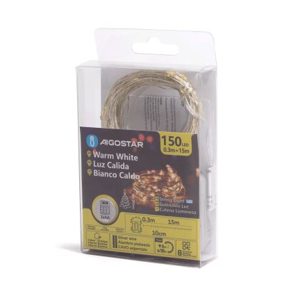 Aigostar -LED-ulkojouluketju 150xLED/8 toiminnot 3xAA 15,3m IP44 lämpimänvalkoinen