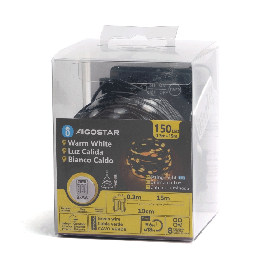 Aigostar -LED-ulkojouluketju 150xLED/8 toiminnot 3xAA 15,3m IP44 lämpimänvalkoinen