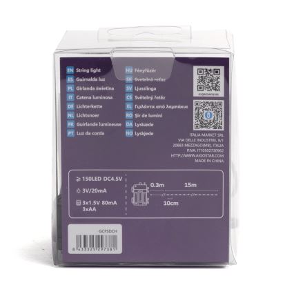 Aigostar -LED-ulkojouluketju 150xLED/8 toiminnot 3xAA 15,3m IP44 monivärinen