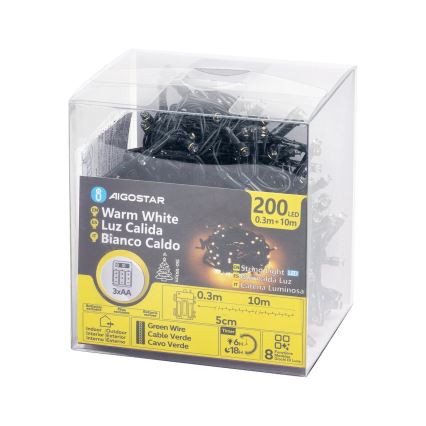 Aigostar - LED-ulkojouluketju 200xLED/8 toiminnot 3xAA 10,3m IP44 lämpimänvalkoinen