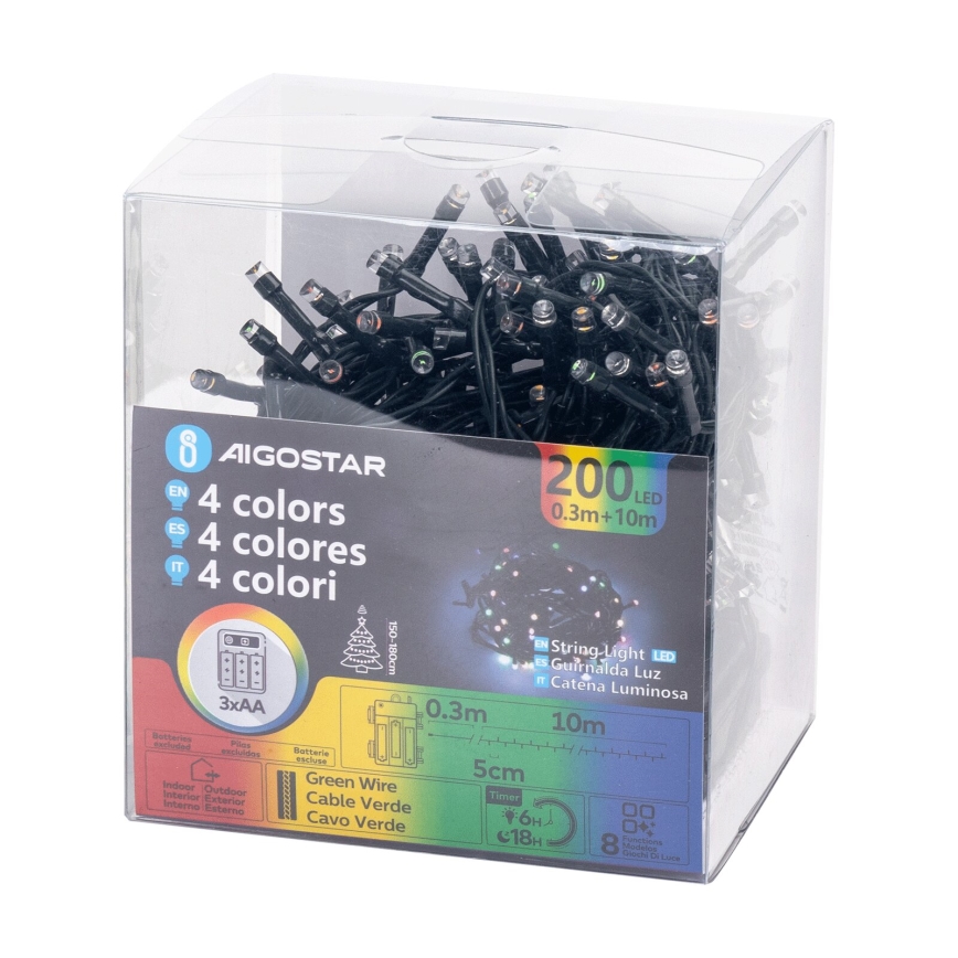 Aigostar -LED-ulkojouluketju 200xLED/8 toiminnot 3xAA 10,3m IP44 monivärinen