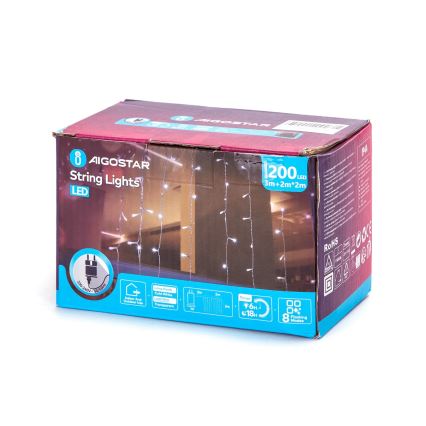Aigostar - LED-ulkojouluketju 200xLED/8 toiminnot 5x2m IP44 kylmänvalkoinen