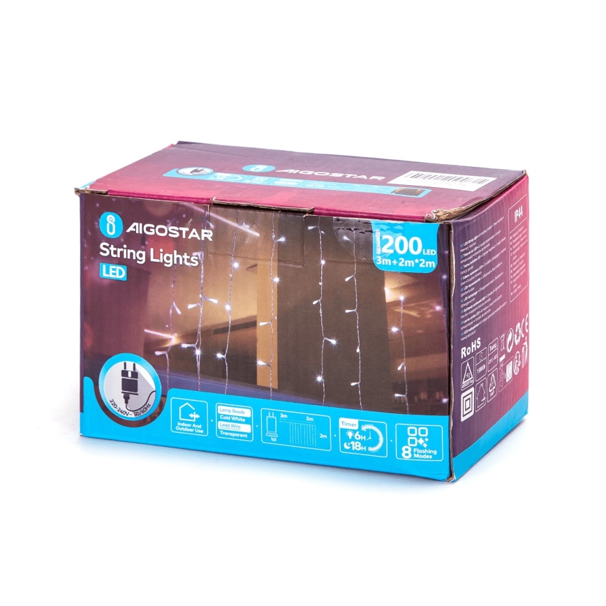 Aigostar - LED-ulkojouluketju 200xLED/8 toiminnot 5x2m IP44 kylmänvalkoinen