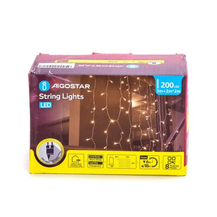 Aigostar - LED-ulkojouluketju 200xLED/8 toiminnot 5x2m IP44 lämpimänvalkoinen
