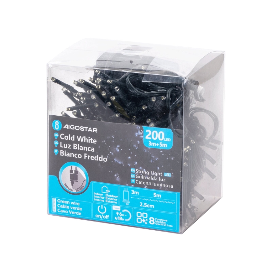Aigostar - LED-ulkojouluketju 200xLED/8 toiminnot 8m IP44 kylmänvalkoinen