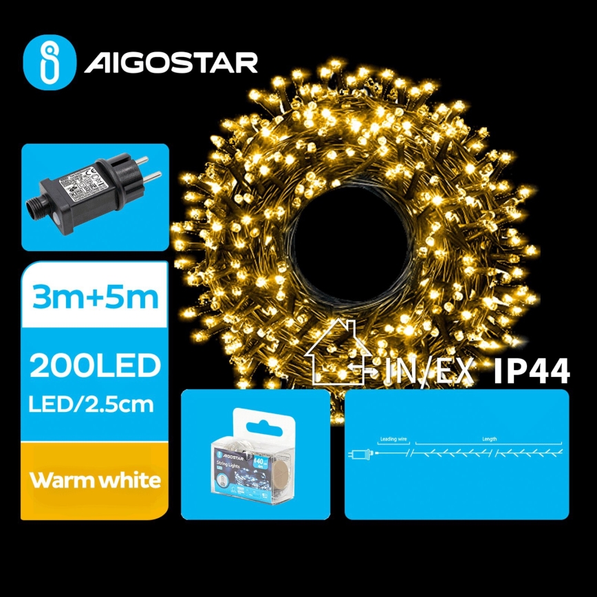 Aigostar - LED-ulkojouluketju 200xLED/8 toiminnot 8m IP44 lämpimänvalkoinen