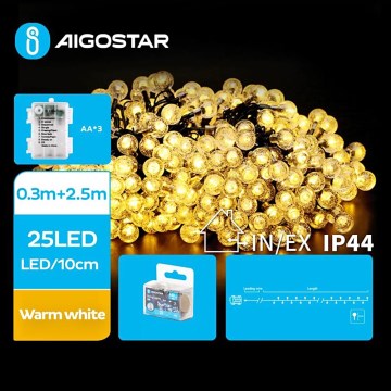 Aigostar - LED-ulkojouluketju 25xLED/3xAA/8 toiminnot 2,8 m IP44 lämpimänvalkoinen
