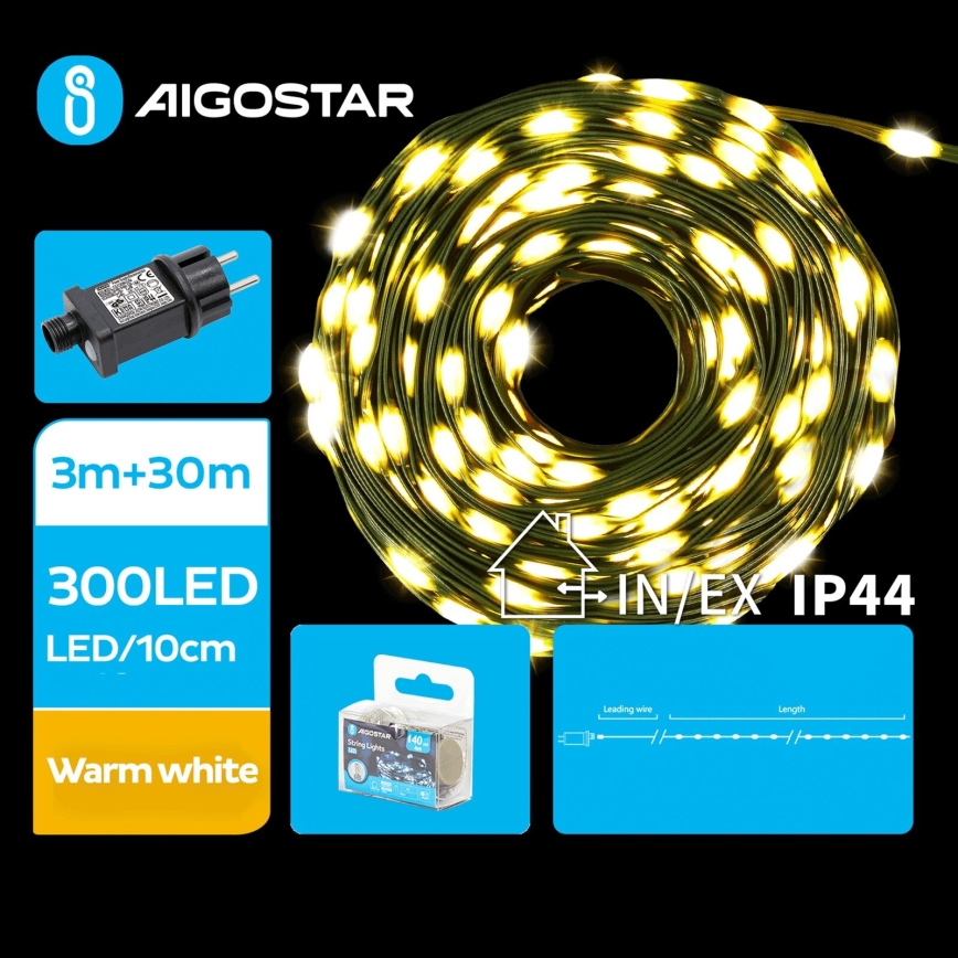 Aigostar - LED-ulkojouluketju 300xLED/8 toiminnot 33m IP44 lämpimänvalkoinen