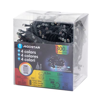 Aigostar -LED-ulkojouluketju 300xLED/8 toiminnot 3xAA 15,3m IP44 monivärinen