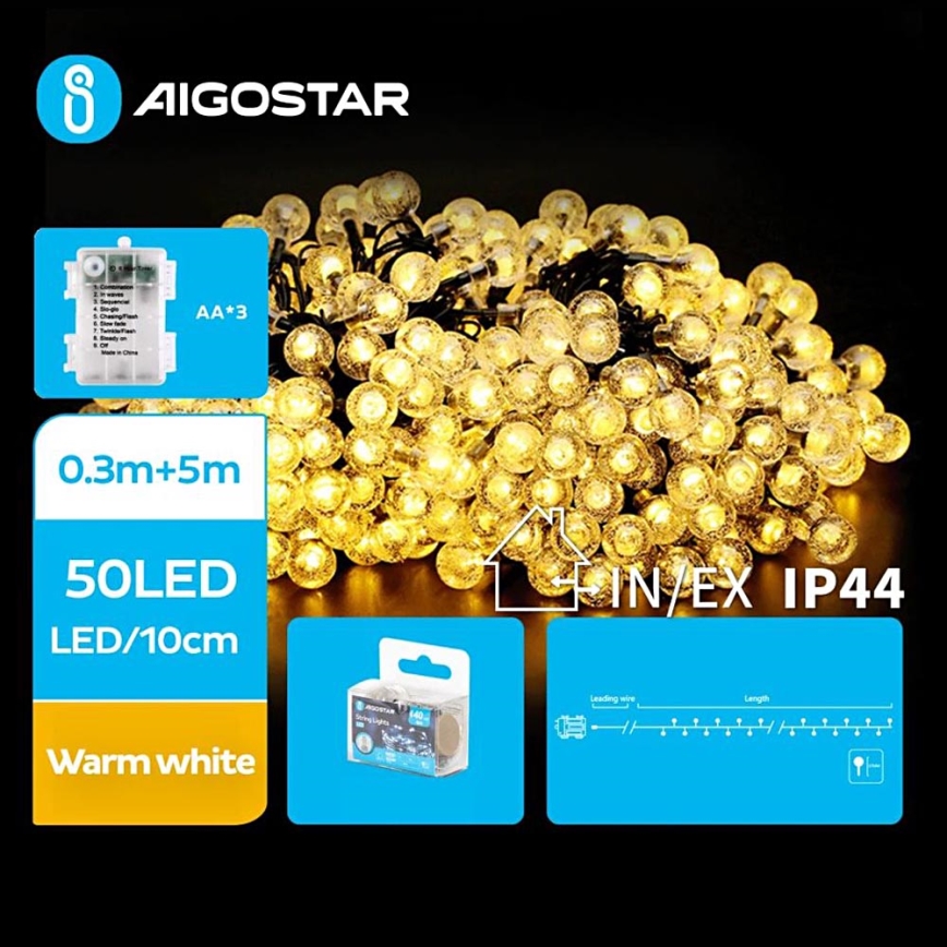 Aigostar - LED-ulkojouluketju 50xLED/3xAA/8 toiminnot 5,3 m IP44 lämpimänvalkoinen