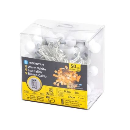 Aigostar - LED-ulkojouluketju 50xLED/3xAA/8 toiminnot 5,3 m IP44 lämpimänvalkoinen