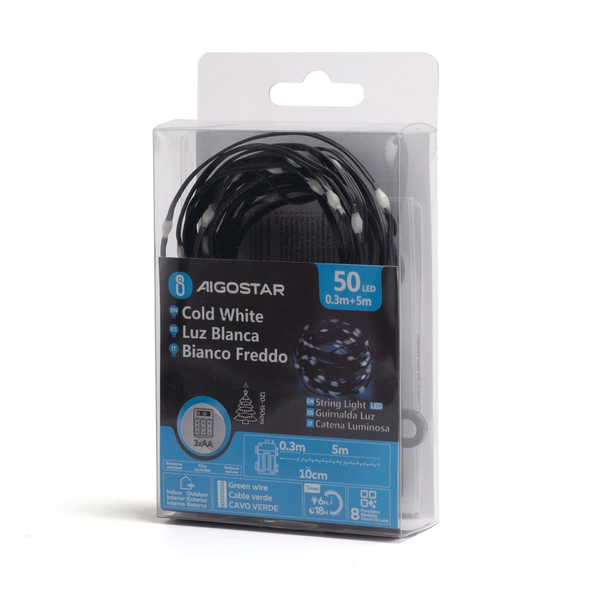 Aigostar -LED-ulkojouluketju 50xLED/8 toiminnot 3xAA 5,3m IP44 kylmänvalkoinen