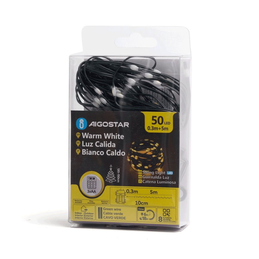 Aigostar - LED-ulkojouluketju 50xLED/8 toiminnot 3xAA 5,3m IP44 lämpimänvalkoinen