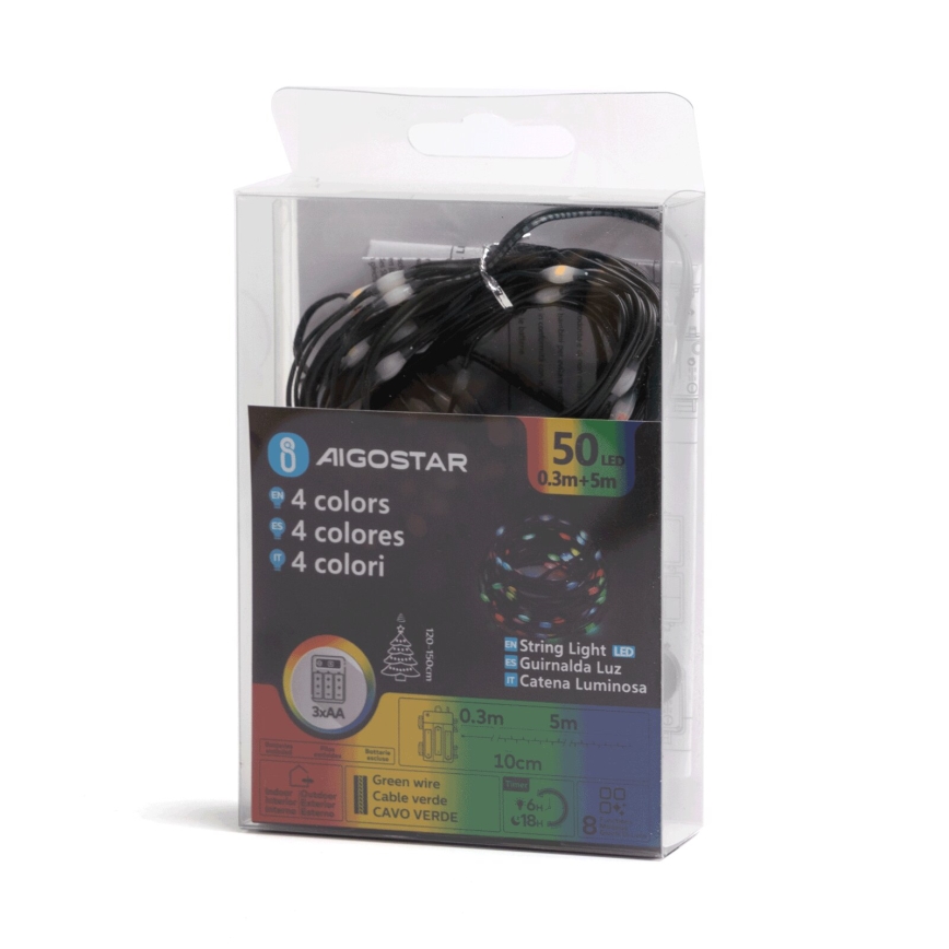 Aigostar - LED-ulkojouluketju 50xLED/8 toiminnot 3xAA 5,3m IP44 monivärinen