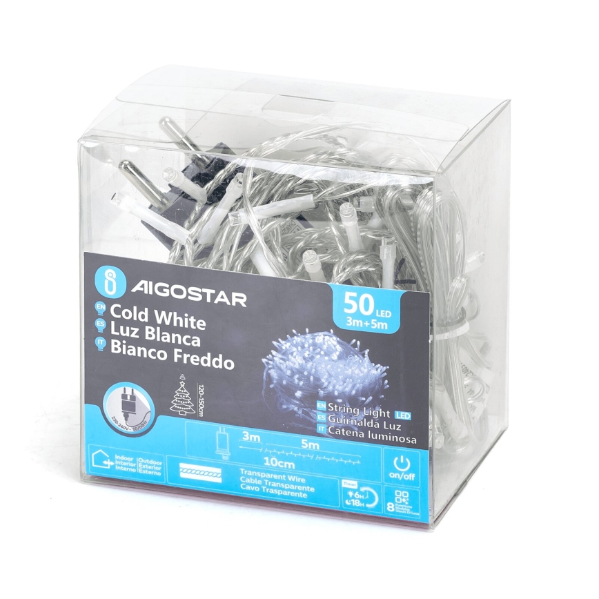 Aigostar - LED-ulkojouluketju 50xLED/8 toiminnot 8m IP44 kylmänvalkoinen