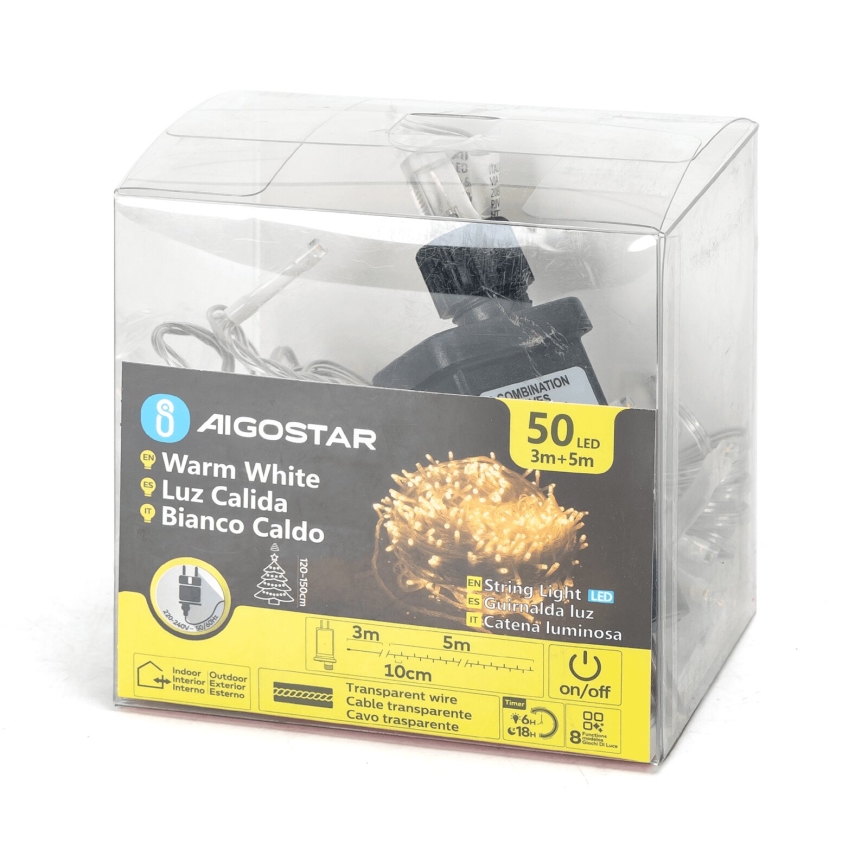 Aigostar - LED-ulkojouluketju 50xLED/8 toiminnot 8m IP44 lämpimänvalkoinen