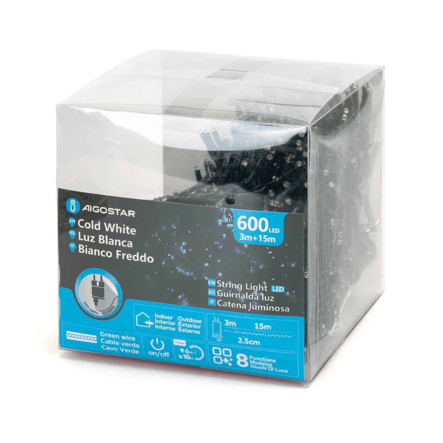 Aigostar - LED-ulkojouluketju 600xLED/8 toiminnot 18m IP44 kylmänvalkoinen