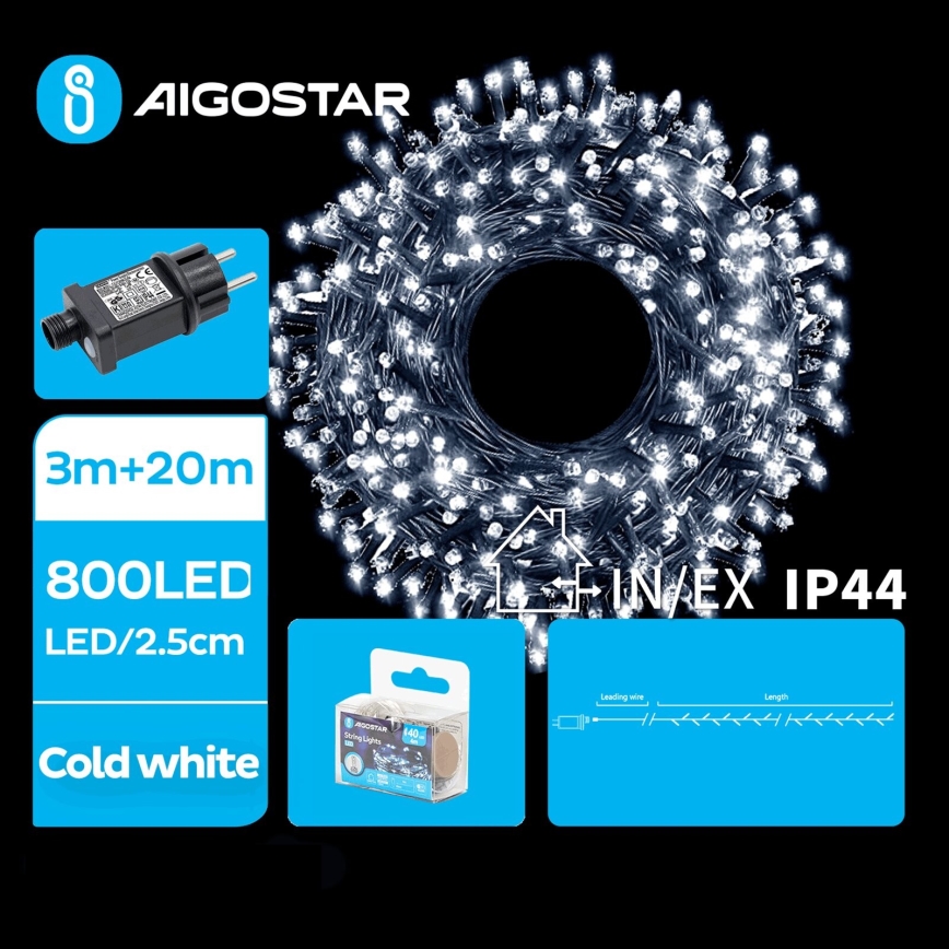 Aigostar - LED-ulkojouluketju 800xLED/8 toiminnot 23m IP44 kylmänvalkoinen