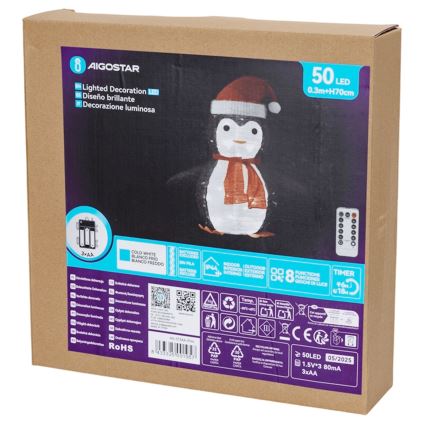 Aigostar - LED-ulkojoulukoriste 50xLED/3xAA IP44 pingviini