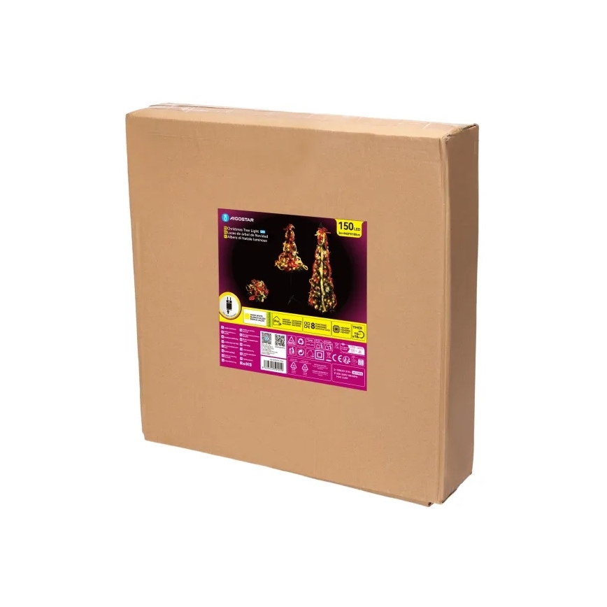 Aigostar - LED-ulkojoulukuusi 150xLED 1,8m IP44 punainen/kultainen lämmin valkoinen