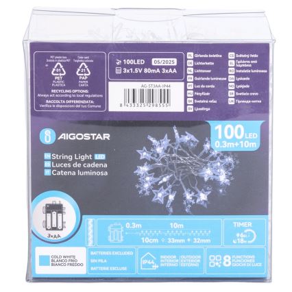 Aigostar - LED-ulkovaloköynnös 100 LED/8 toimintoa, 3 x AA-paristoa, 10 m, IP44, kylmänvalkoinen