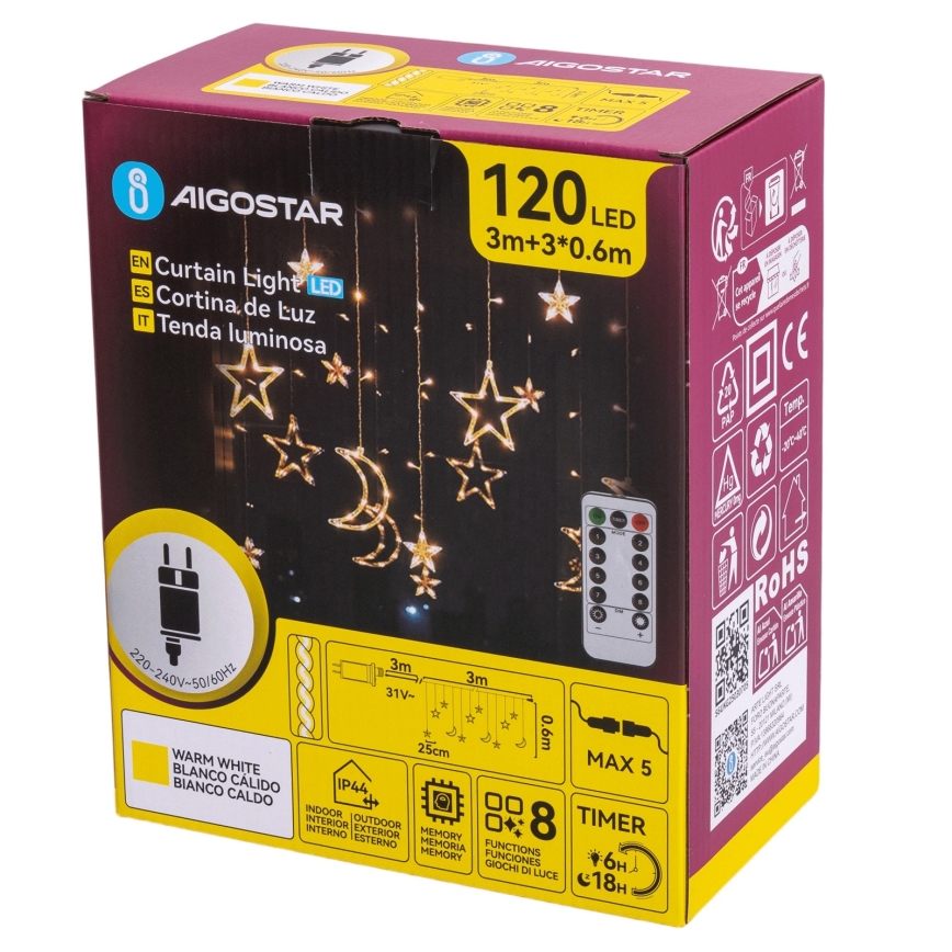 Aigostar - LED-ulkojouluvaloketju 120xLED/6W/230V/8 toimintoa 3x0,6m IP44 lämmin valkoinen + kaukosäädin