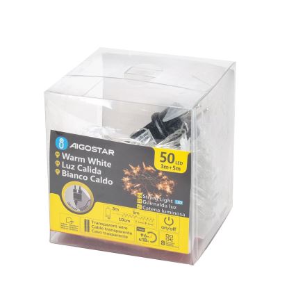 Aigostar - LED-ulkojouluvaloketju 50xLED/8 toimintoa 8m IP44 lämmin valkoinen