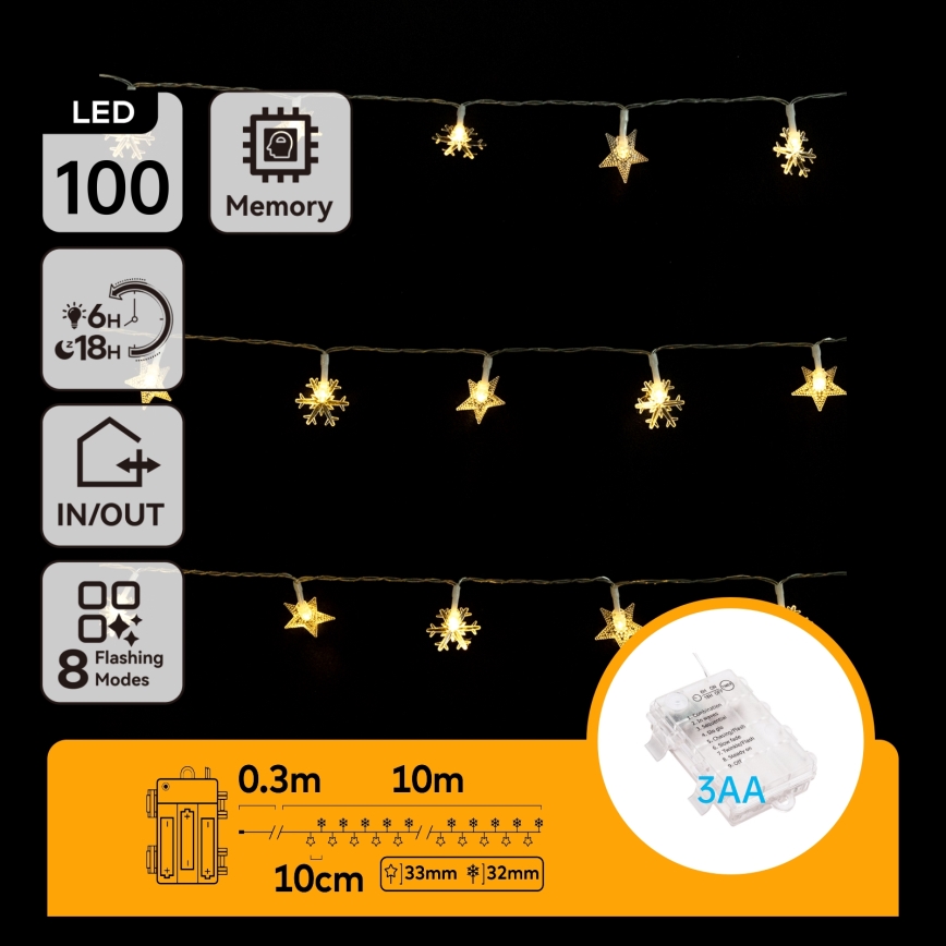 Aigostar - LED-ulkojouluvalosarja 100xLED/8 toimintoa 3xAA 10m IP44 lämmin valkoinen, tähdet