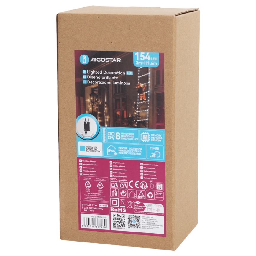 Aigostar - LED-ulkojoulukoriste 154xLED/8 toimintoa 1,6m IP44 kylmänvalkoinen