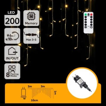 Aigostar - LED-ulkojouluvalosarja 200 LED/6 W/230 V/8 toimintoa, 3×1 m, IP44, lämmin valkoinen + kaukosäädin