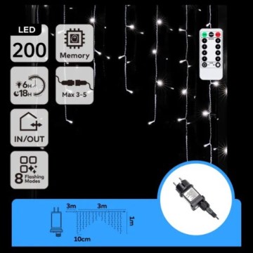 Aigostar - LED-ulkojouluvalosarja 200xLED/6W/230V/8 toimintoa 3x1m IP44 kylmänvalkoinen + kaukosäädin