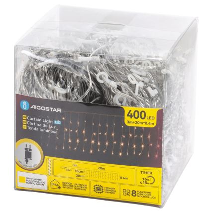 Aigostar - LED ulkokäyttöinen joulukoristevalosarja 400 LED/8 toimintoa 20x0,4m IP44 lämmin valkoinen