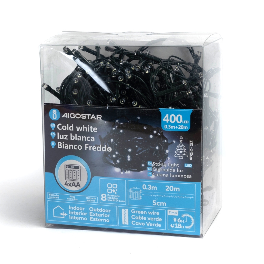 Aigostar - LED-ulkojouluvalosarja 400 LED/8 toimintoa 4xAA 20,3 m IP44 kylmä valkoinen