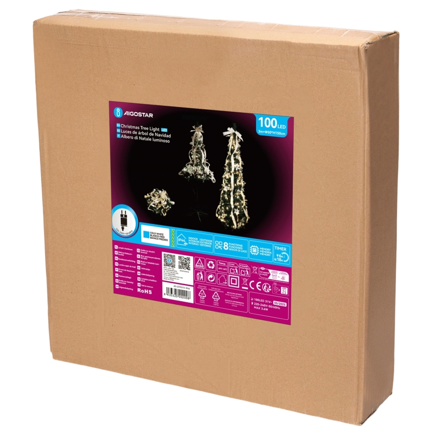 Aigostar - LED-ulkojoulukuusi 100 x LED, 1,5 m, IP44, valkoinen/kultainen, kylmänvalkoinen