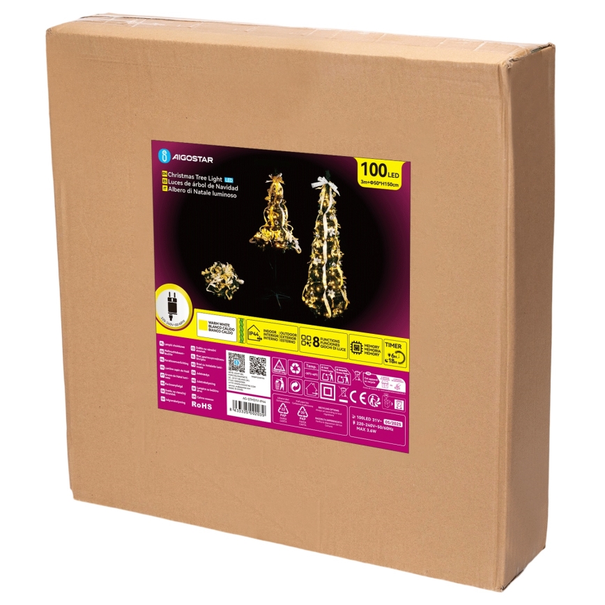 Aigostar - LED-joulukuusi ulkokäyttöön, 100 x LED, 1,5 m, IP44, valkoinen/kultainen, lämmin valkoinen