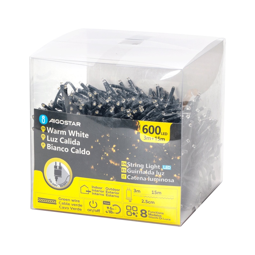 Aigostar - LED-ulkokäyttöinen jouluvaloketju, 600 LED, 8 toimintoa, 18 m, IP44, lämmin valkoinen