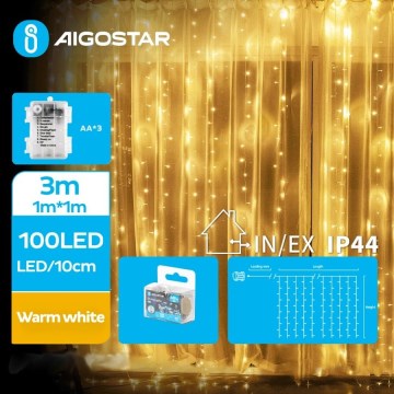 Aigostar - LED Ulkokäyttöön tarkoitettu joulukoristevalosarja 100xLED/8 toimintoa 3xAA 4x1m IP44 lämmin valkoinen
