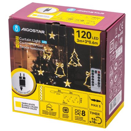 Aigostar - LED-ulkojouluvalosarja 120 LED / 8 valaistustilaa 3×0,6 m IP44 lämpimän valkoinen + kaukosäädin