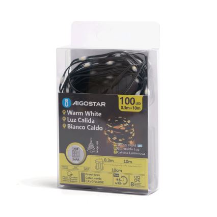 Aigostar - LED Ulkovalaistuksen jouluköynnös 100xLED/8 toimintoa 3xAA 10,3m IP44 lämmin valkoinen