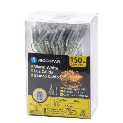 Aigostar -LED Ulkokäyttöön tarkoitettu joulukoristevalosarja 150xLED/8 toimintoa 3xAA 15,3m IP44 lämmin valkoinen