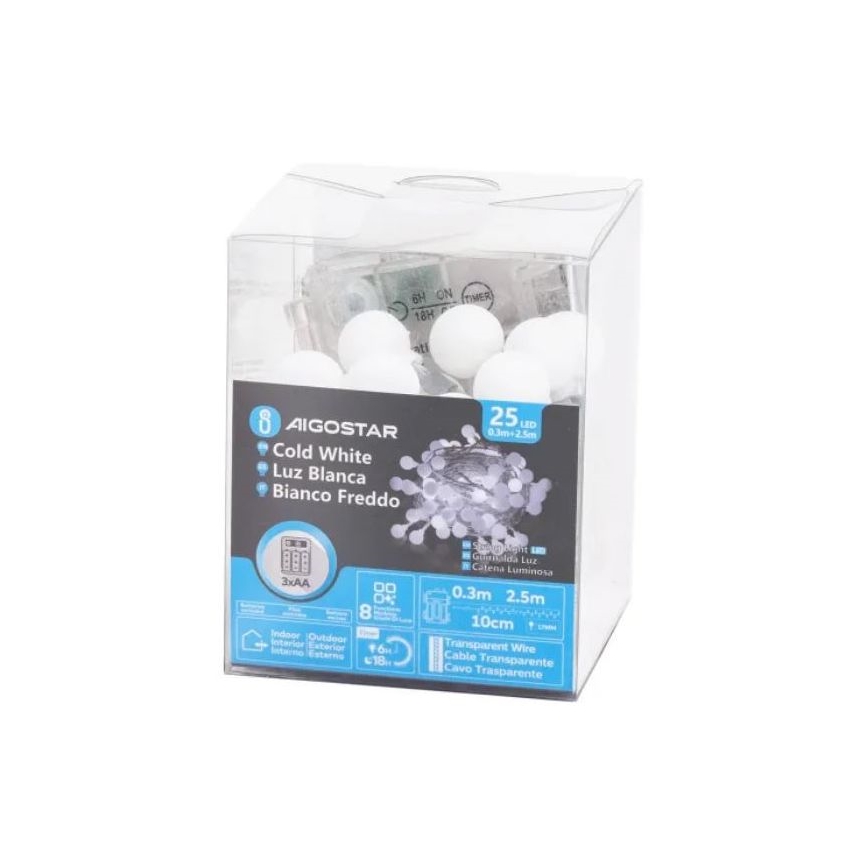 Aigostar - LED-ulkojouluketju 25xLED/3xAA/8 toiminnot 2,8 m IP44 kylmänvalkoinen