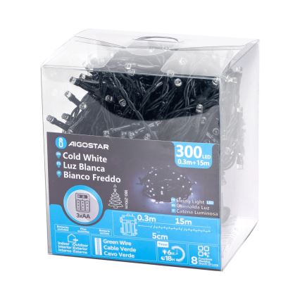 Aigostar - LED Ulkokäyttöön tarkoitettu joulukoristevalosarja 300xLED/8 toimintoa 15,3m IP44 kylmän valkoinen
