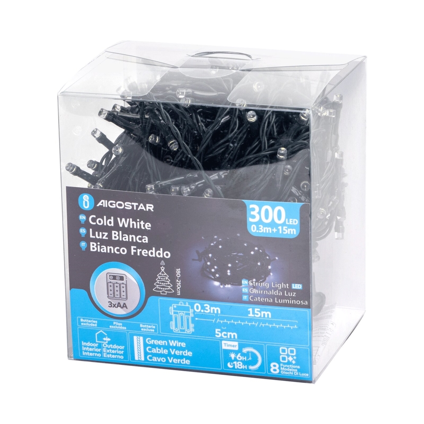 Aigostar - LED Ulkokäyttöön tarkoitettu joulukoristevalosarja 300xLED/8 toimintoa 15,3m IP44 kylmän valkoinen