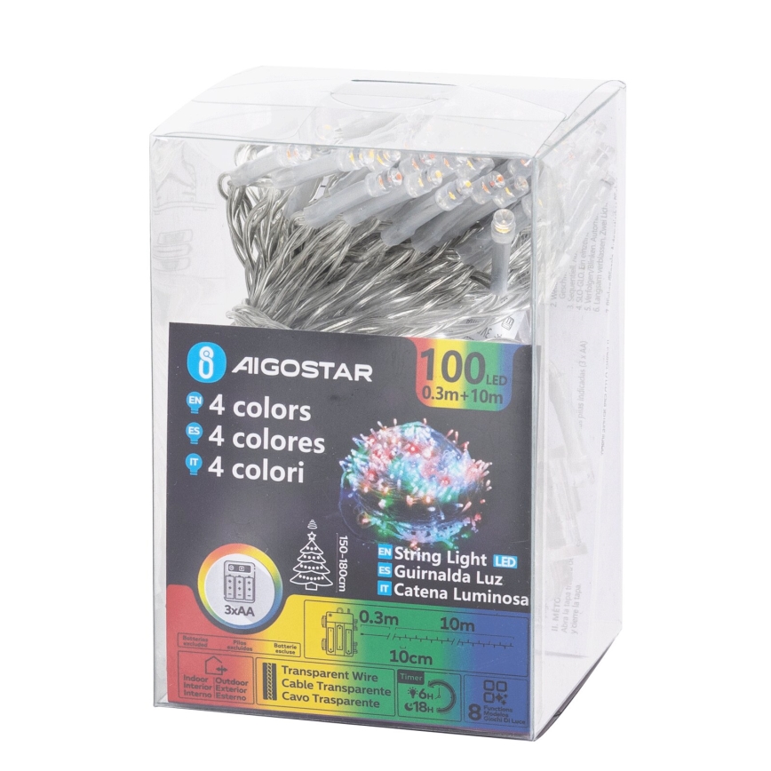 Aigostar -LED Ulkokäyttöön tarkoitettu joulukoristevalosarja 100xLED/8 toimintoa 3xAA 10,3m IP44 monivärinen