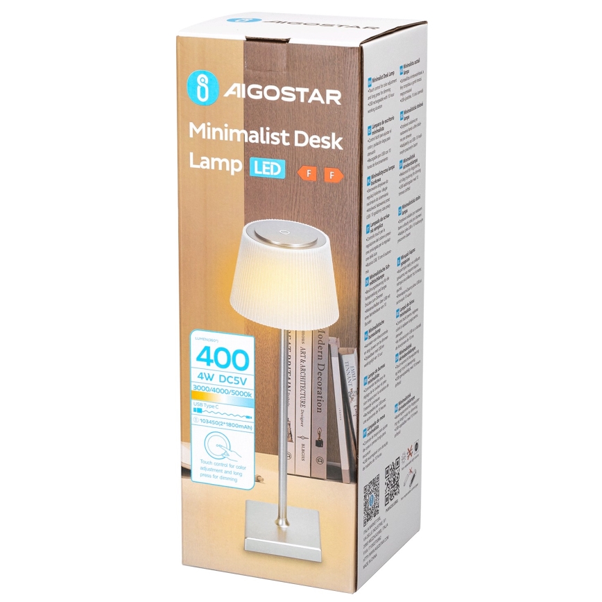 Aigostar - LED Himmennettävä ladattava ulkopöytävalaisin LED/4W/5V 3600mAh valkoinen/mattakromi IP54