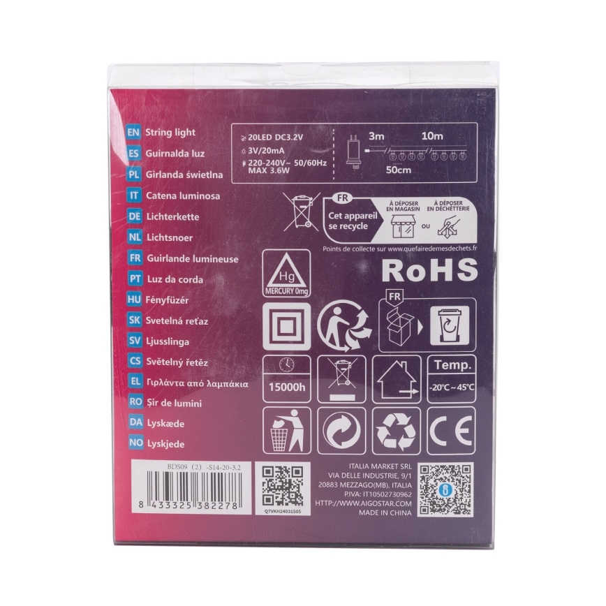 Aigostar - LED-ulkovalosarja 20xLED/13m IP44 kylmänvalkoinen