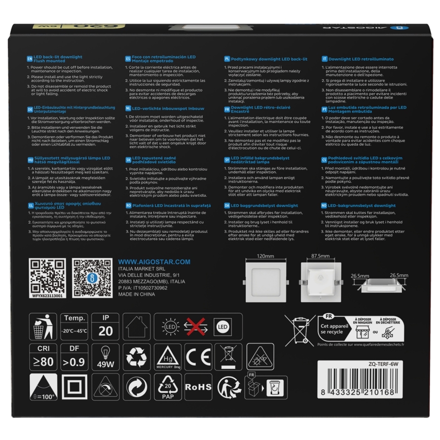 Aigostar - LED-upotettava alasvalo LED/6W/230V 4000K 12x12 cm valkoinen