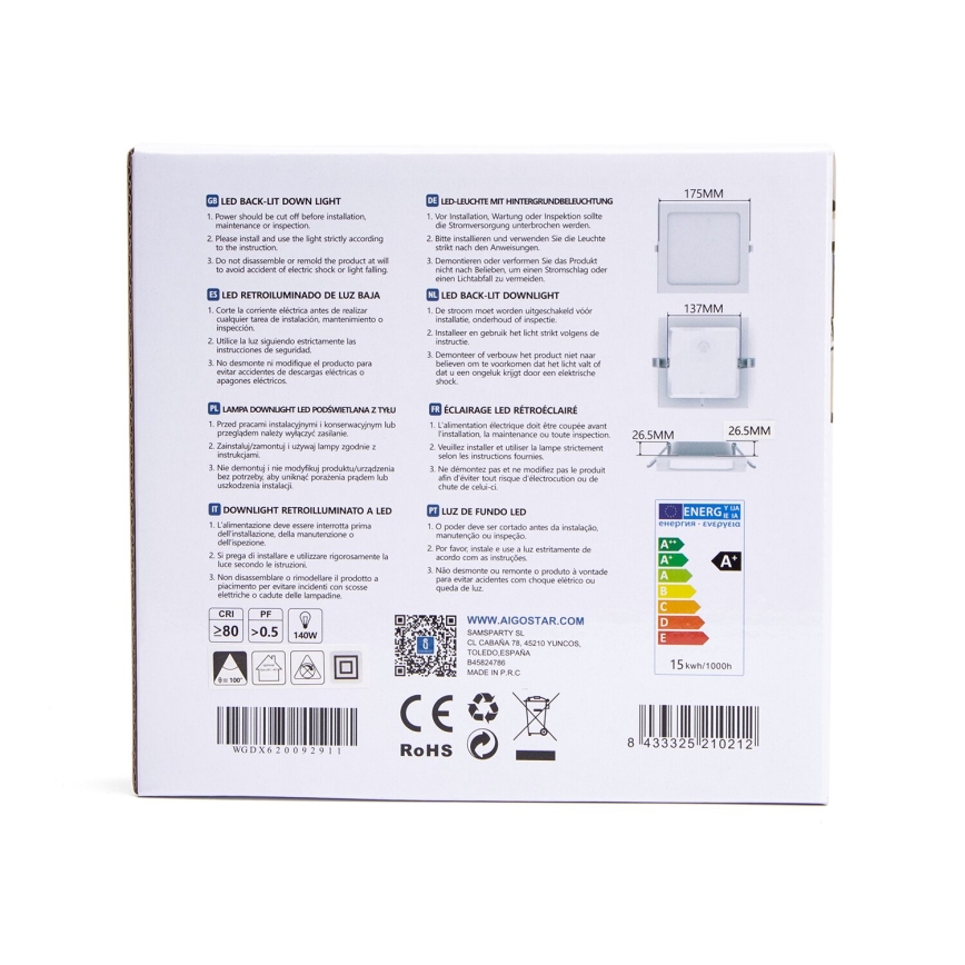 Aigostar - LED upotettava valo LED/15W/230V 17,5x17,5 cm 3000K valkoinen