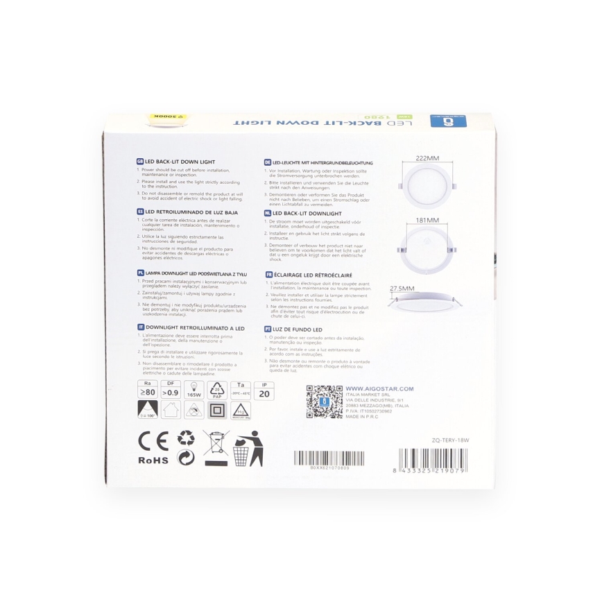 Aigostar - LED upotettava valo LED/18W/230V 3000K halkaisija 27,5 cm valkoinen